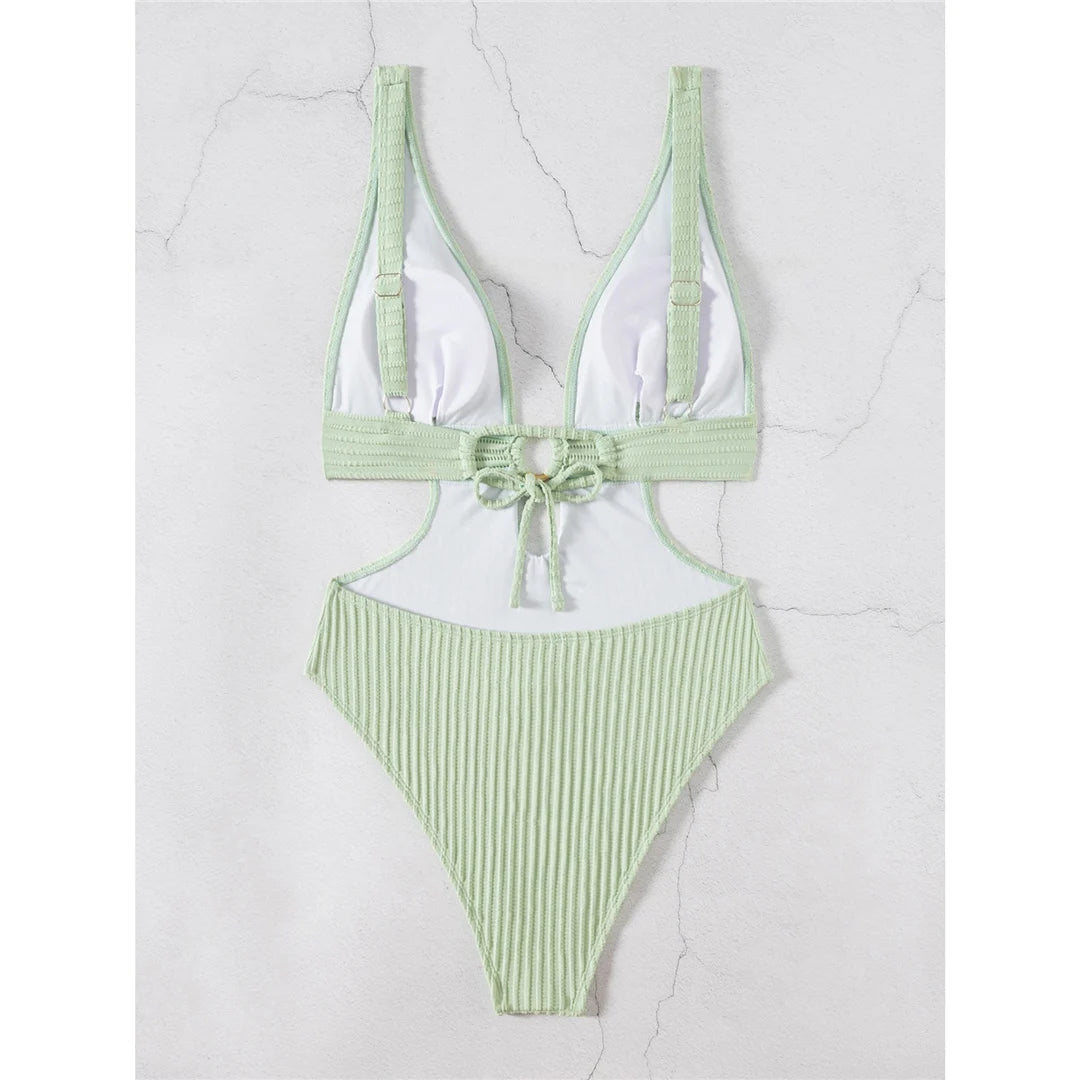 Damen Badeanzug tiefer V-Ausschnitt Cut-Out Monokini hoher Beinausschnitt 8 Farben