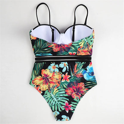Damen Badeanzug Blätter Print Bügel BH-Cup Monokini Einteiler
