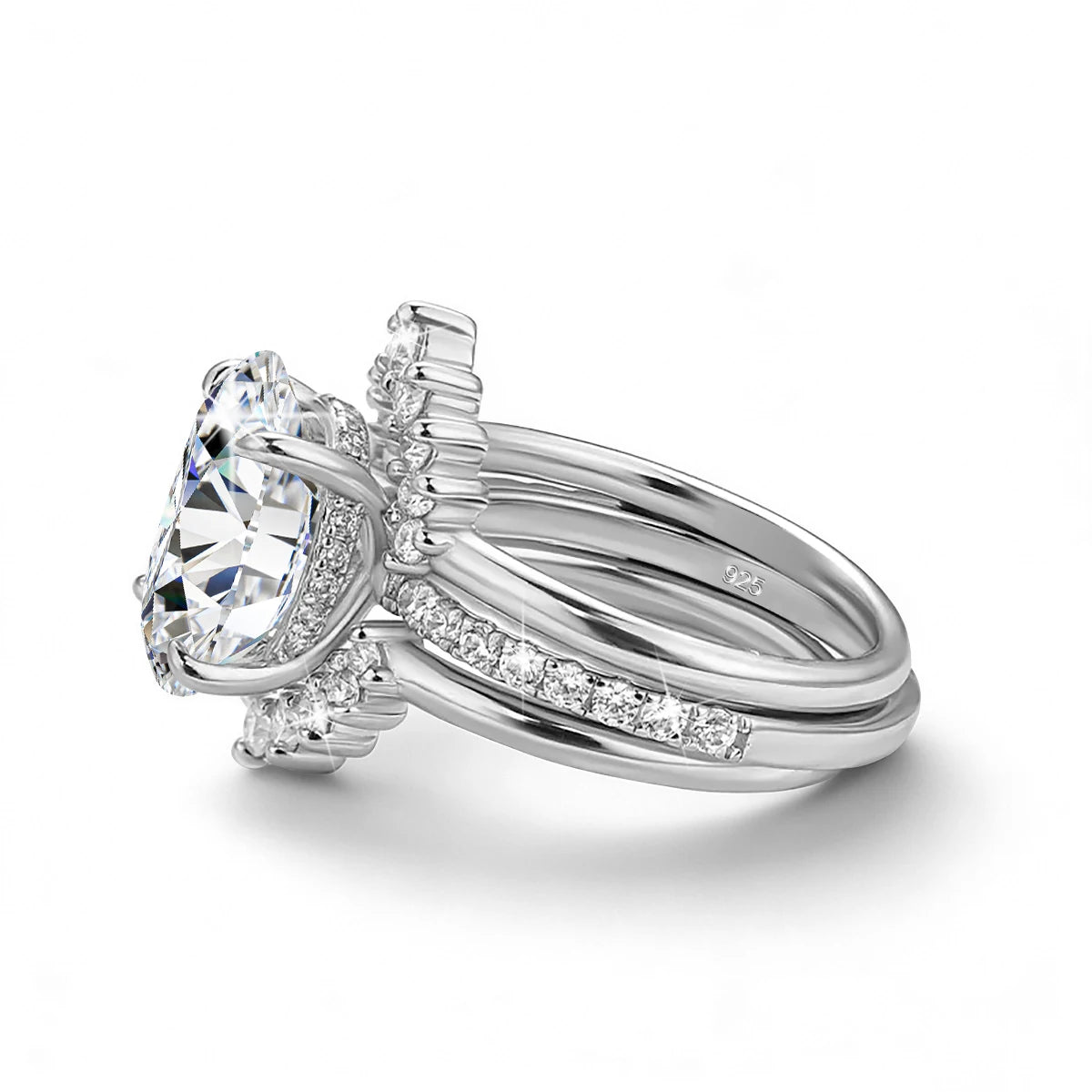Damen-Verlobungsring-Set aus Silber mit ovalem Moissanit, 5 Karat Gesamt, 3-Teiliges Ringset, Zertifikat
