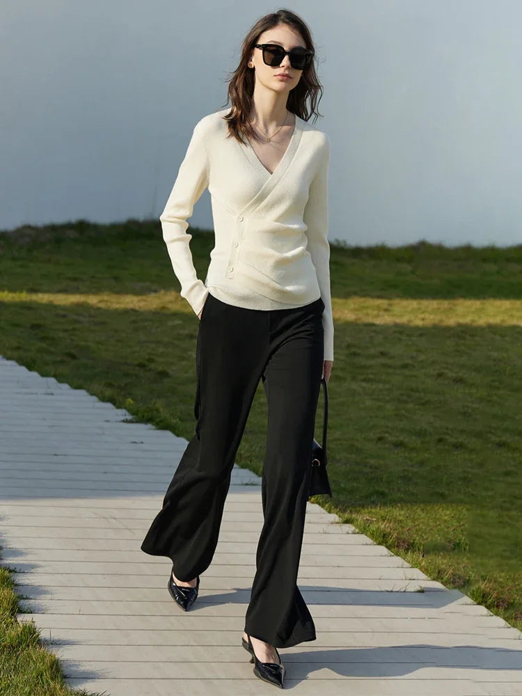 Damen V-Ausschnitt Pullover Kaschmir Slim Shirring Büro Frühling