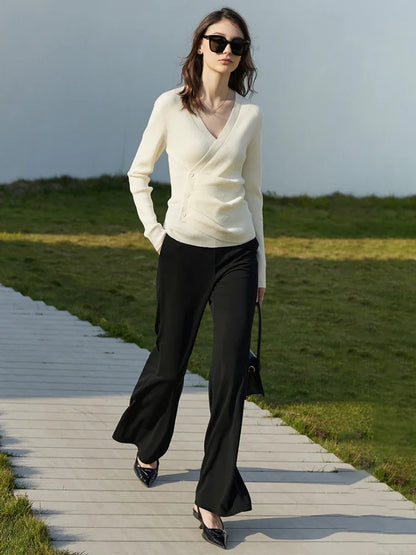 Damen V-Ausschnitt Pullover Kaschmir Slim Shirring Büro Frühling