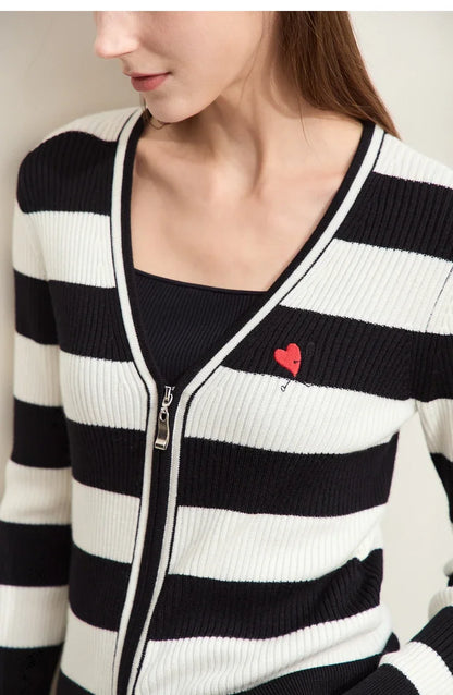 Damen-Strickjacke Kaschmir-Wolle Slim Streifen Reißverschluss Herbst