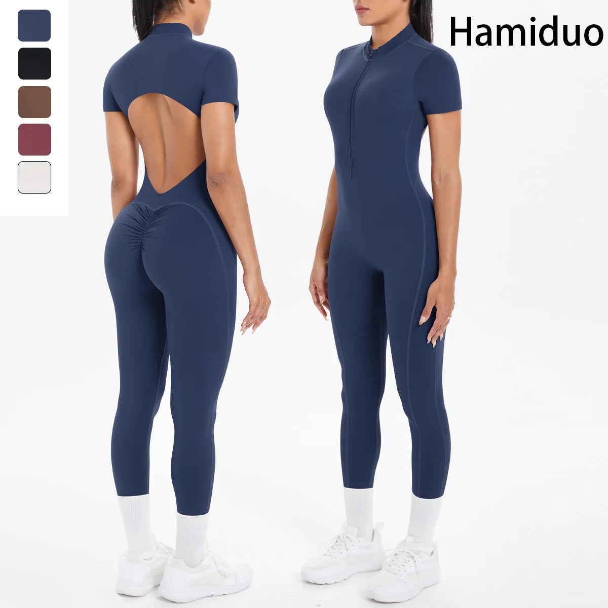 Kurzarm-Bodysuit mit tiefem Rücken-Ausschnitt, dunkles Marineblau, enganliegend