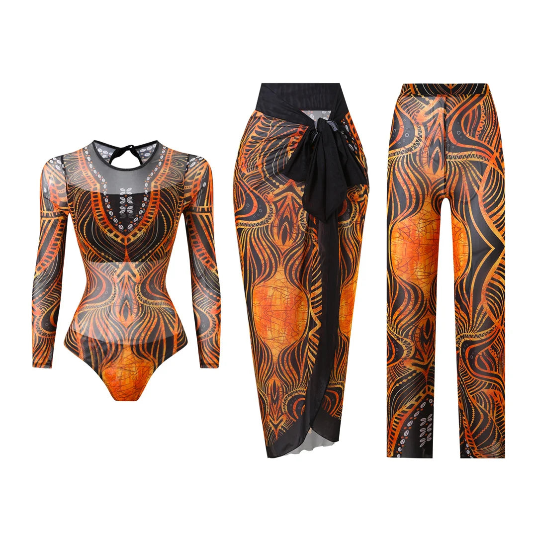 Damen-Badeanzug 3-teilig Print Langarm Sarong-Set gepolstert