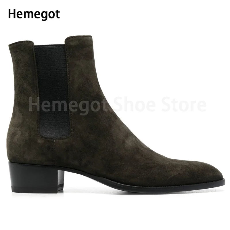 Chelsea-Boots aus Leder in dunkelgrün, seitliche Elastikeinsätze, Blockabsatz