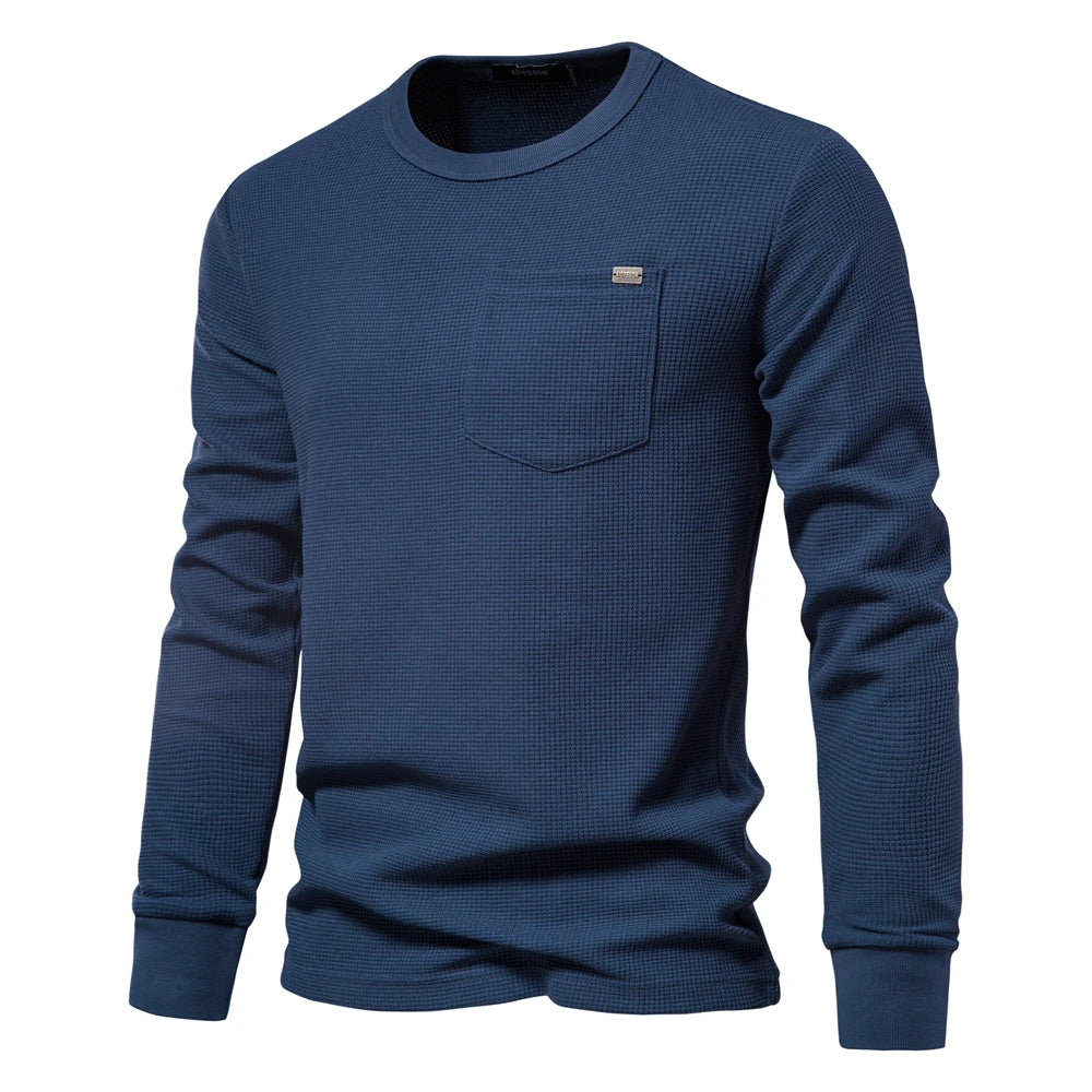 Herren-T-Shirt aus Waffel-Baumwolle mit langen Ärmeln – einfarbiges Einzeltaschen-Design, atmungsaktives Herbst-Basic-Oberteil für lässige Outfits