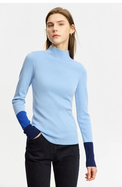 Damen-Halbrollkragen-Pullover Slim Farbkontrast Wolle-Mix Winter