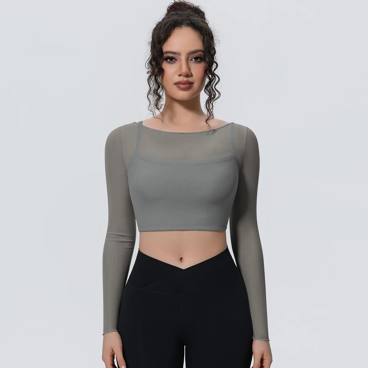 Damen Langarm-Yoga-Shirt taupe/grauer Ton, figurbetontes Crop mit transparenten Netz-Einsätzen