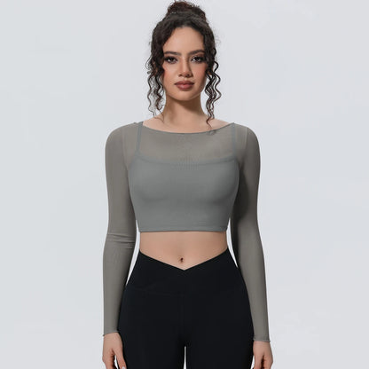 Damen Langarm-Yoga-Shirt taupe/grauer Ton, figurbetontes Crop mit transparenten Netz-Einsätzen