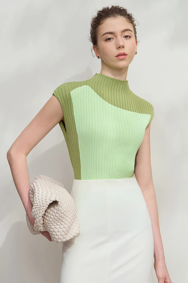 Ärmelloser Strickpullover mit halbem Rollkragen, hellgrün, schmaler Schnitt