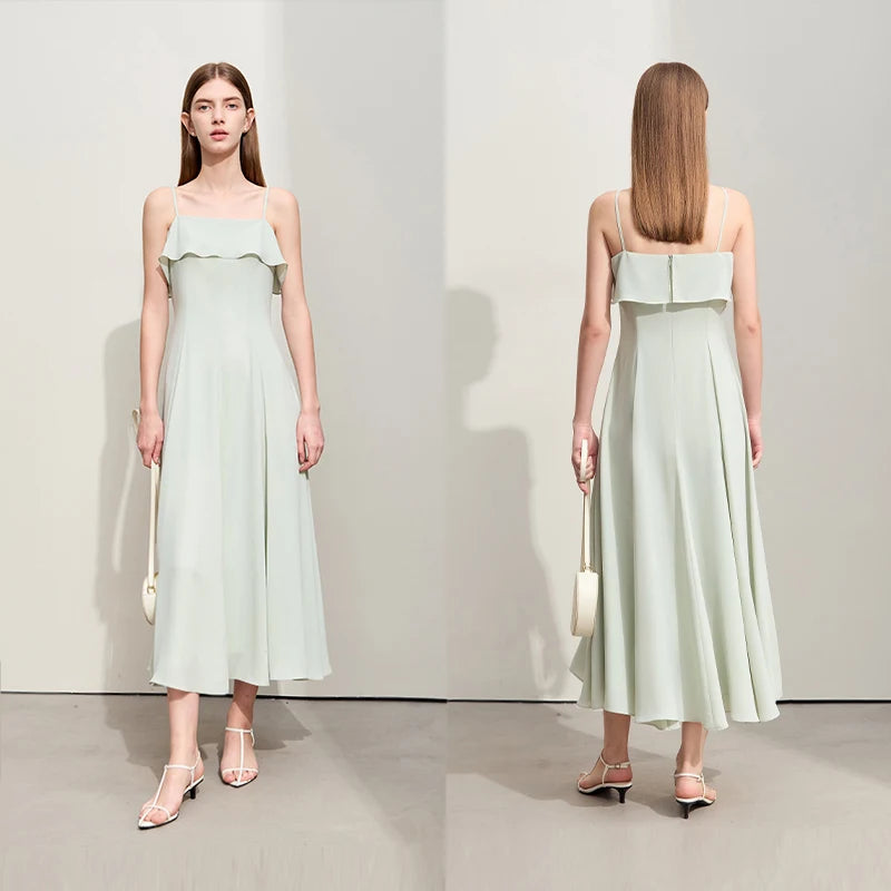 Hellgrünes Chiffon-Maxikleid mit Volant und Spaghettiträgern, Vorder- u. Rückansicht