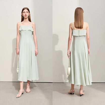 Hellgrünes Chiffon-Maxikleid mit Volant und Spaghettiträgern, Vorder- u. Rückansicht