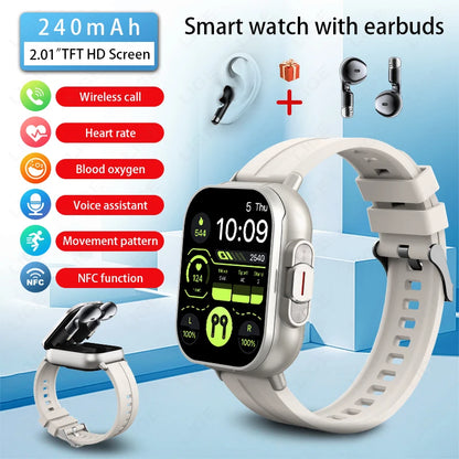 Herren Smartwatch mit TWS Ohrhörern und Herzfrequenz Tracker für Anrufe und Musik