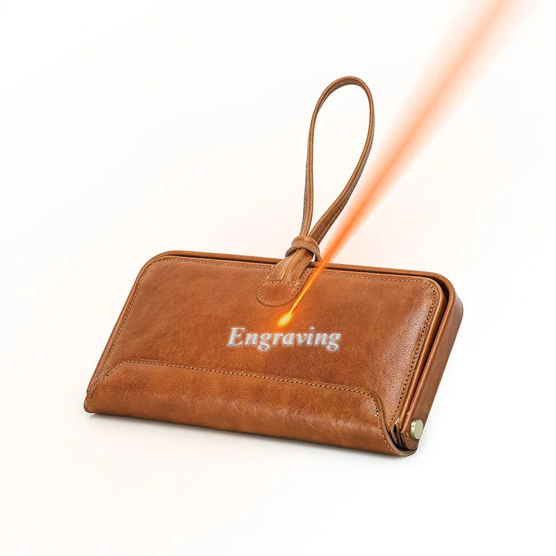 Damen-Handgelenktasche aus Echtleder, braun, mit Tragegriff und Ziernaht vorn