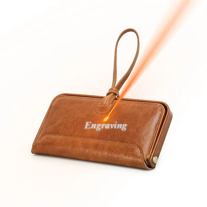 Damen-Handgelenktasche aus Echtleder, braun, mit Tragegriff und Ziernaht vorn