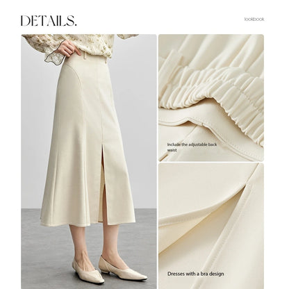 Damen Midi-Langrock aus Twill mit hoher Taille und Schlitz am Saum