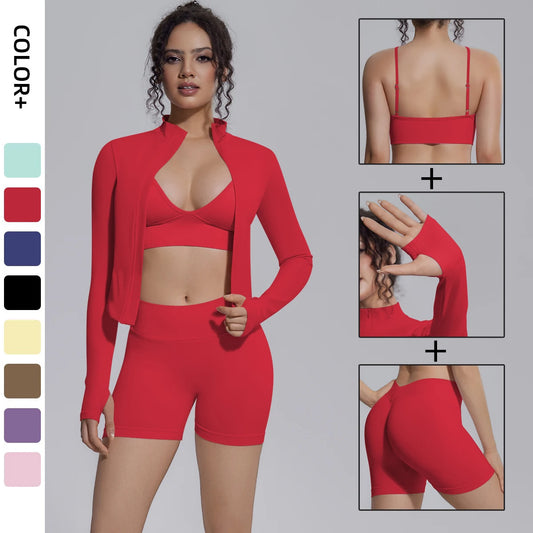 Damen Yoga-Set in Rot: Sport-BH, kurze Leggings und Langarmjacke mit offenem Einsatz