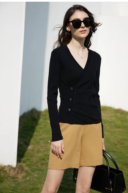 Damen V-Ausschnitt Pullover Kaschmir Slim Shirring Büro Frühling