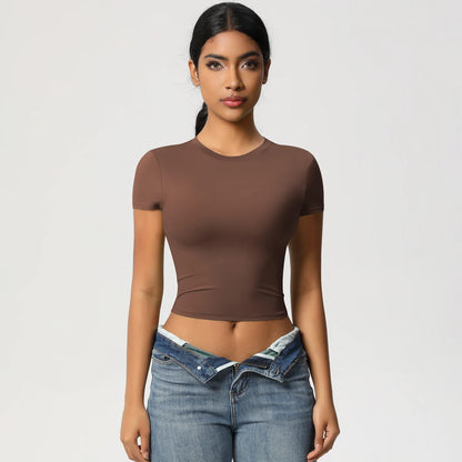 Slim Fit Yoga-Top für Damen, braun, Rundhalsausschnitt, kurze Ärmel