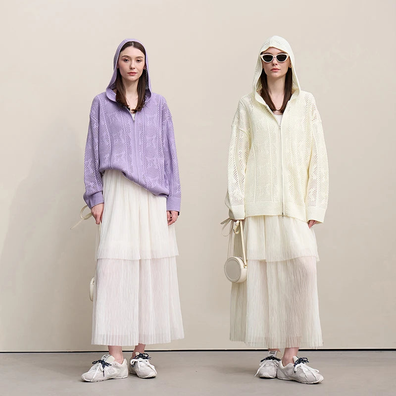 Damen-Strickjacke Kapuze Jacquard Hohlstrick Doppelreißverschluss locker Frühling