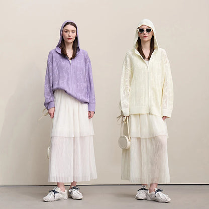 Damen-Strickjacke Kapuze Jacquard Hohlstrick Doppelreißverschluss locker Frühling
