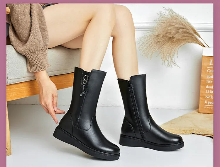 AIYUQI Women's Winter Boots Wool 2025  New Large Size 41 42 43 Women's Snow Boots Wool Flat Women's Mid-Boots