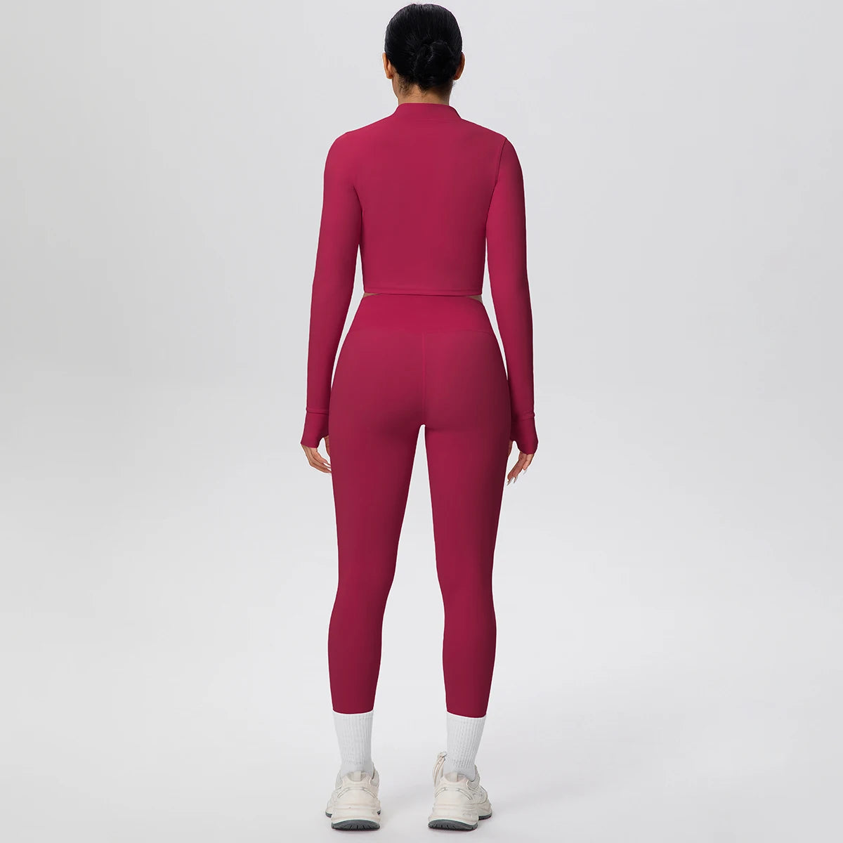 3-teiliges Yoga-Set für Damen (Beerenrot) von hinten: Leggings mit Akzenten am Beinabschluss