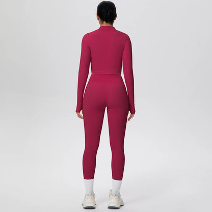 3-teiliges Yoga-Set für Damen (Beerenrot) von hinten: Leggings mit Akzenten am Beinabschluss
