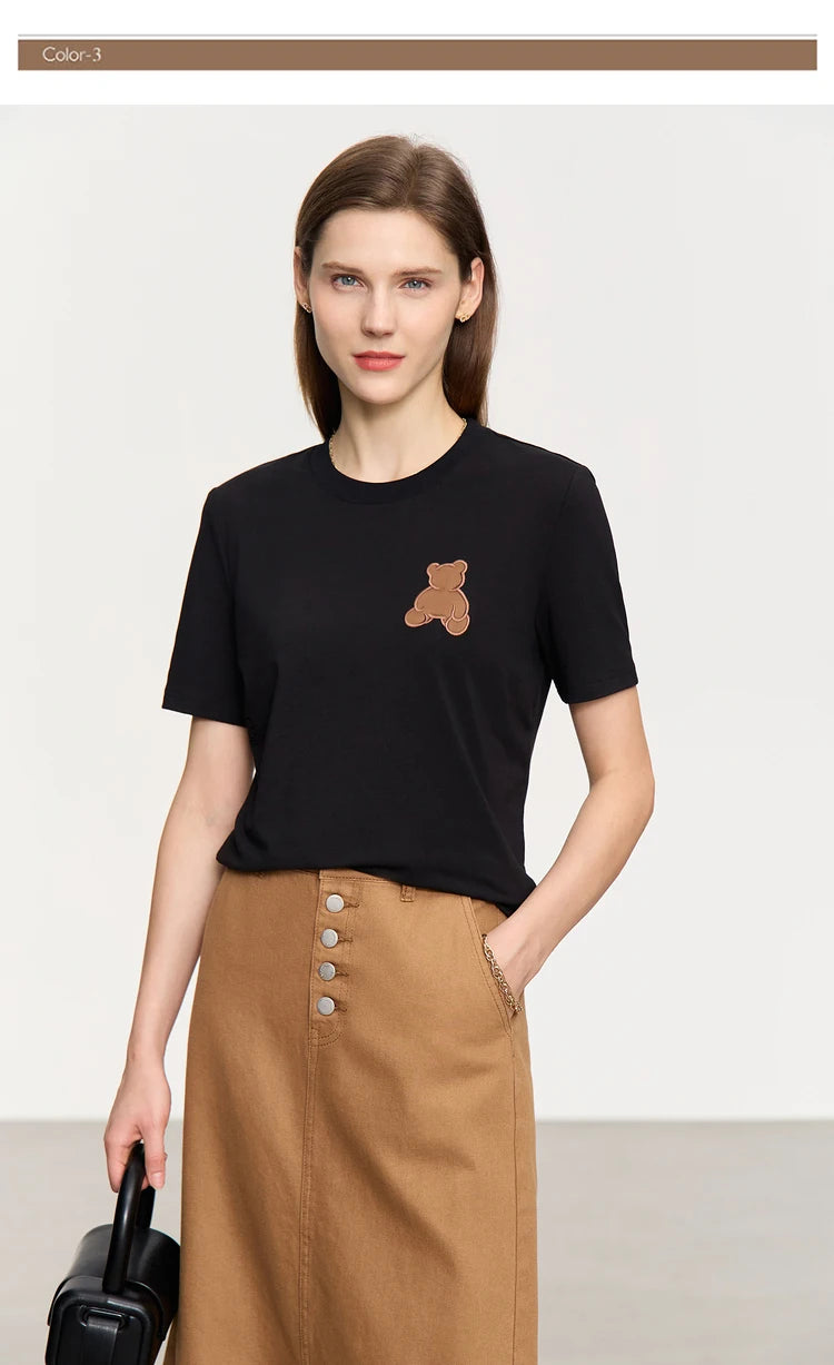 Damen Top im minimalistischen Stil mit Bären-Applikation und O-Ausschnitt