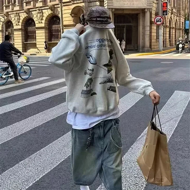 Herbst y2k Vintage Grey Print Sweatshirts für Männer neue übergroße Crewneck Pullover Hoodies High Street Sudaredaras Hombre
