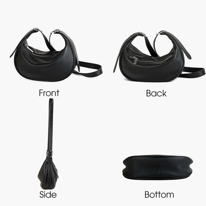 Damen Vollkornleder Hobo Tasche Schwarz | Halbmond-Crossbody
