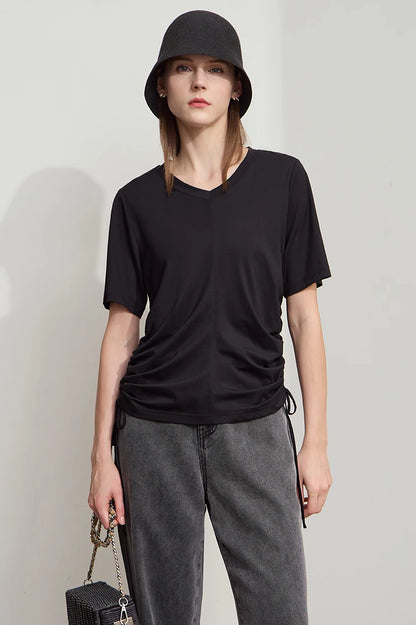 Damen T-Shirt mit solidem V-Ausschnitt und Kordelzug für den Sommer