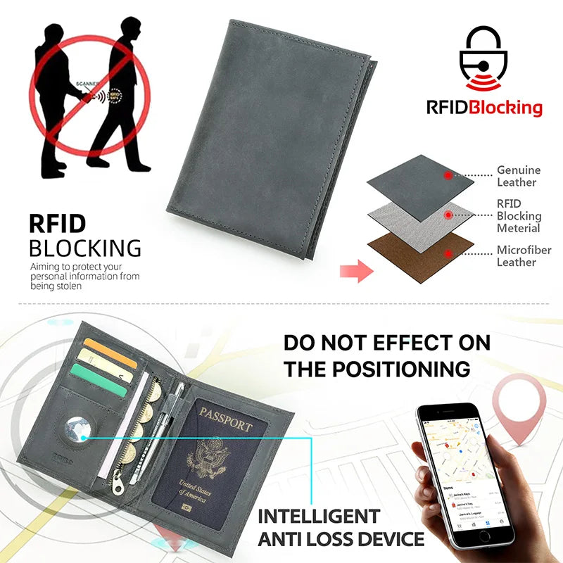 Graue Leder-Reisepasshülle mit RFID-Schutz-Hinweis und Blockier-Illustration