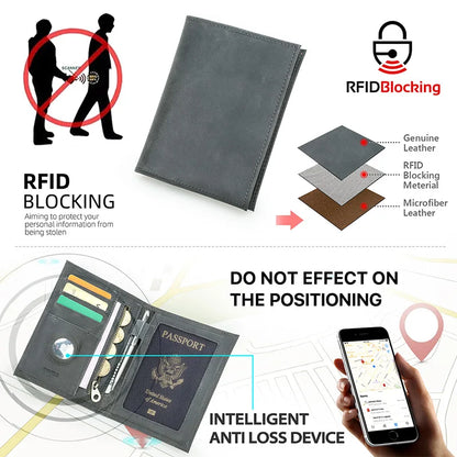Graue Leder-Reisepasshülle mit RFID-Schutz-Hinweis und Blockier-Illustration