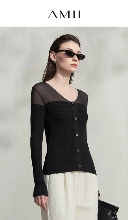 Damen V-Ausschnitt Pullover Viskose Mesh Organza Slim Frühling