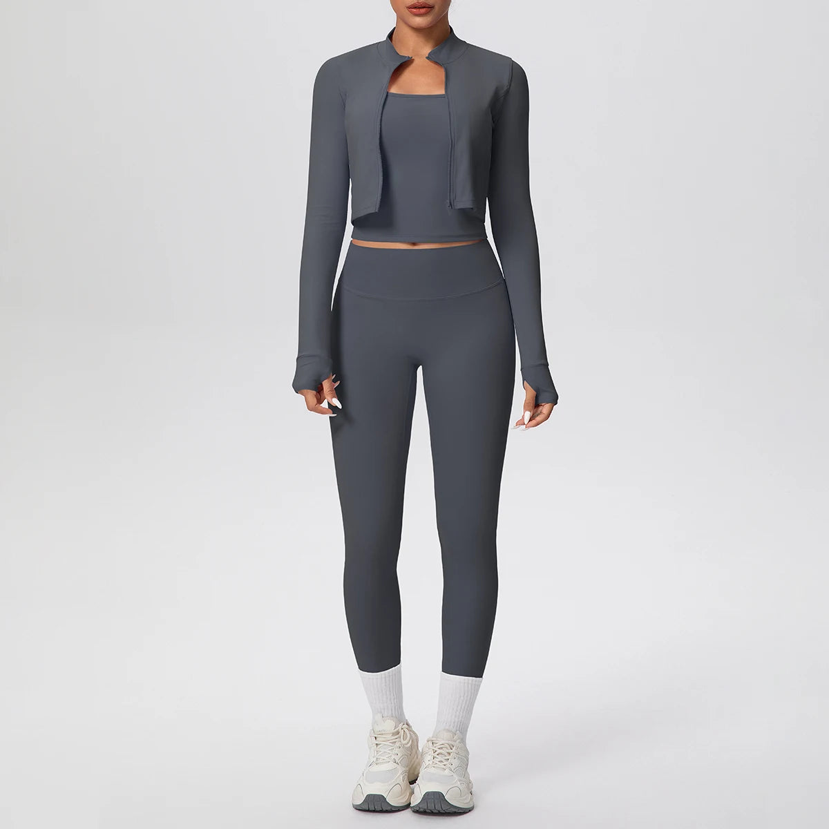 3-teiliges Yoga-Set für Damen (Graphitgrau): kurze Jacke, Crop-Top, Leggings mit Akzenten