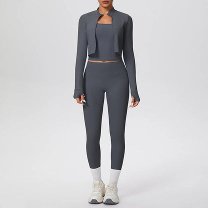 3-teiliges Yoga-Set für Damen (Graphitgrau): kurze Jacke, Crop-Top, Leggings mit Akzenten