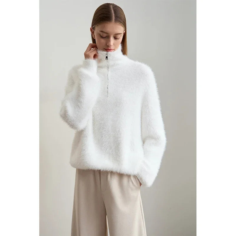 Damen-Rollkragenpullover Nerz-Imitat Reißverschluss locker dick Winter