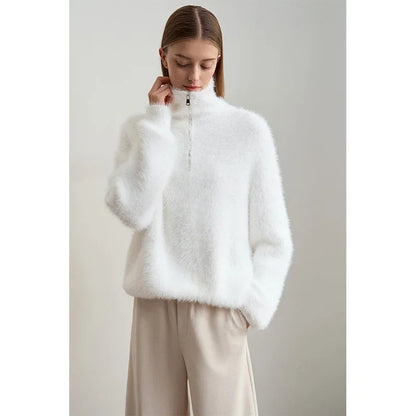 Damen-Rollkragenpullover Nerz-Imitat Reißverschluss locker dick Winter