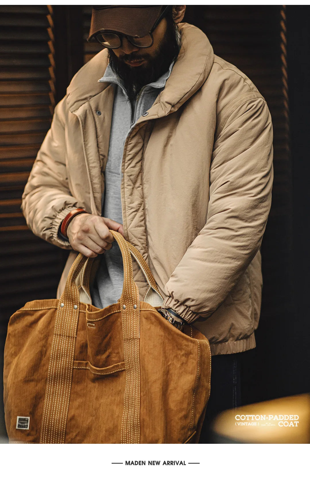 Herren Mantel Retro Khaki Stehkragen gefütterte Puffjacke mit Reißverschluss