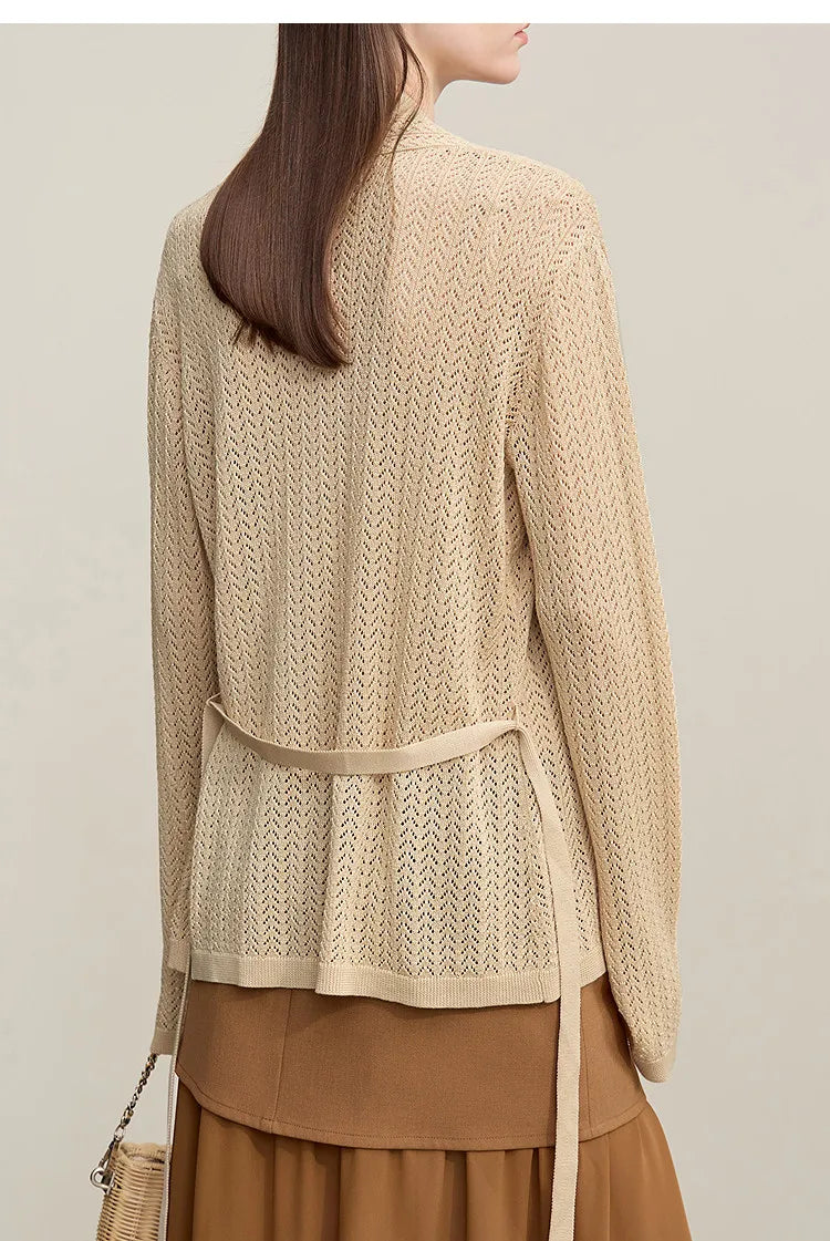 Damen-Strickjacke Lyocell V-Ausschnitt Glockenärmel Gürtel locker Frühling