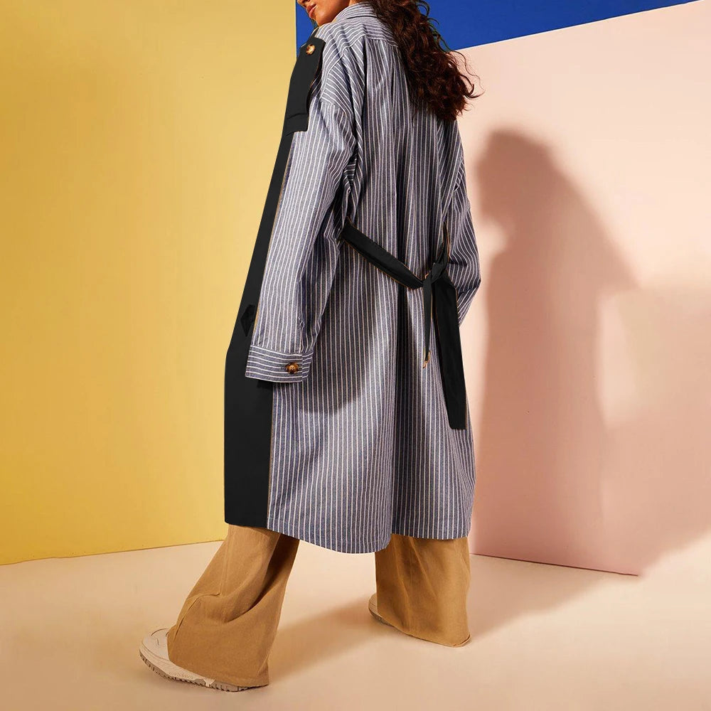 Colorblock-Denim-Blazer für Damen mit Notch-Kragen und Kettendetail – Langarm-Patchwork-Design für einen schicken Look