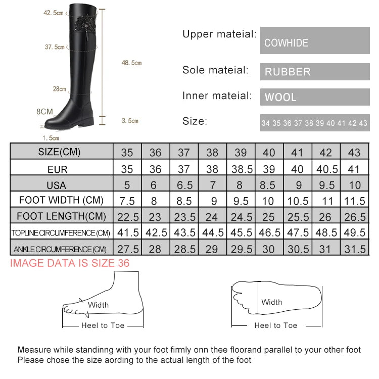 Overknee-Stiefel Größentabelle: Größen 35–43, Innenmaterial Wolle