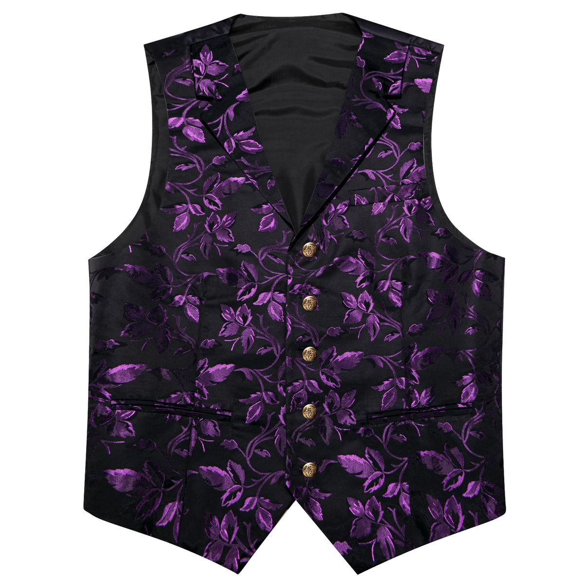 Herren-Jacquardweste mit lila Blumenmuster auf dunklem Grund, Front mit Knopfleiste