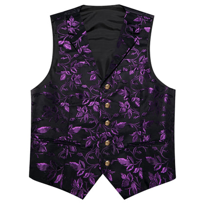 Herren-Jacquardweste mit lila Blumenmuster auf dunklem Grund, Front mit Knopfleiste
