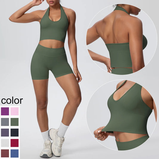 Damen-Yoga-Set mit olivgrünem ärmellosem Sporttop und hoch taillierten Shorts