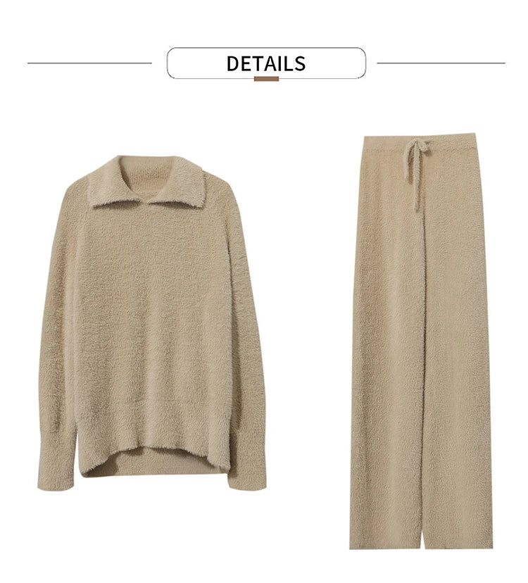 Beiges Langarm-Pullover- und Hose-Set: Pullover mit Kragen, Hose mit Tunnelzug