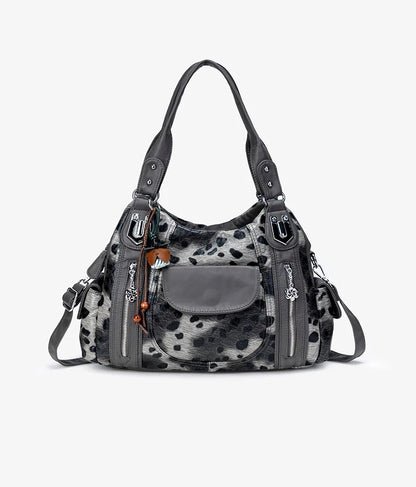 Damen-Hobo-Tasche aus gewaschenem Leder mit grau-Leoparden-Print und mehreren Fächern und viel Stauraum