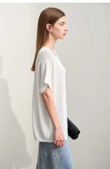 Damen-Rundhalspullover Wolle Aushöhlung locker Streetwear Sommer