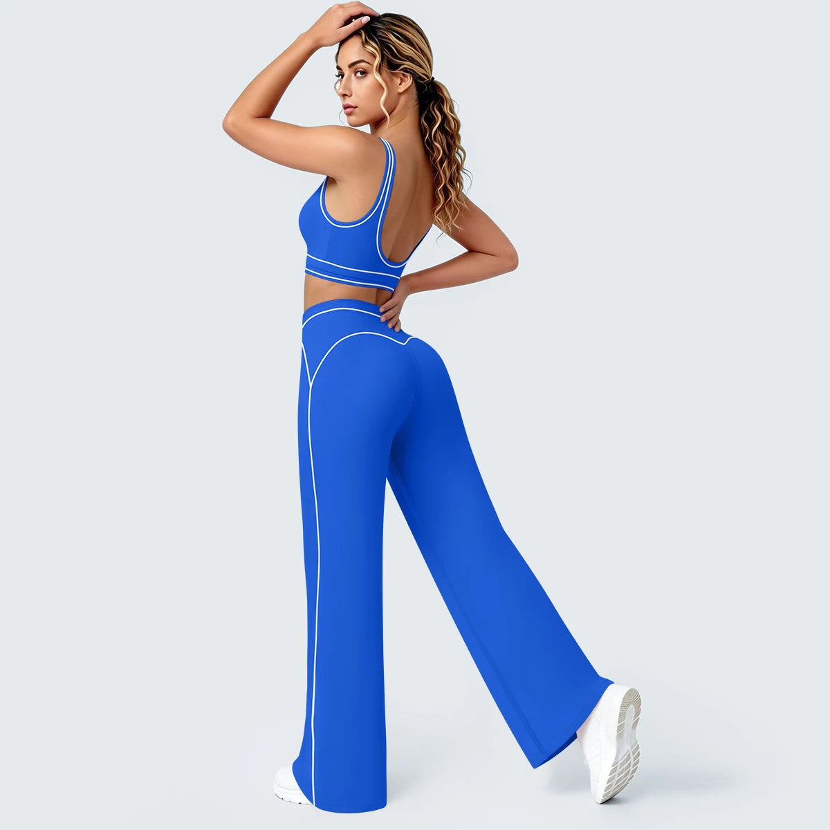 Damen-Yoga-Set mit Sport-BH und weitem Hose, blau mit Kontrastlinien
